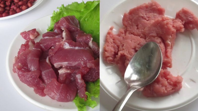 Sản phẩm trước và sau khi sử dụng máy xay thịt cầm tay
